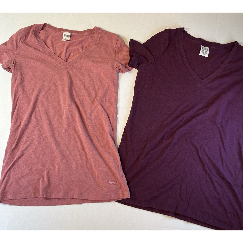 PINK Victoria's Secret Dog Logo V-Neck Short Sleeve T-Shirt Size Small  Lot Of 2